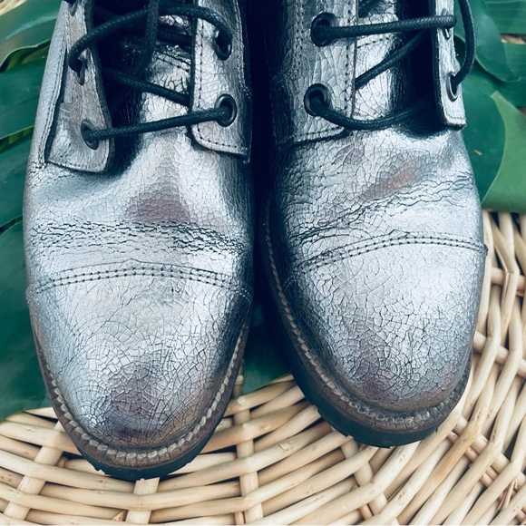 Shellys London Tyra Silver Metallic Crinkled leather Combat Boots Buckle Size 36 - Picture 8 of 16